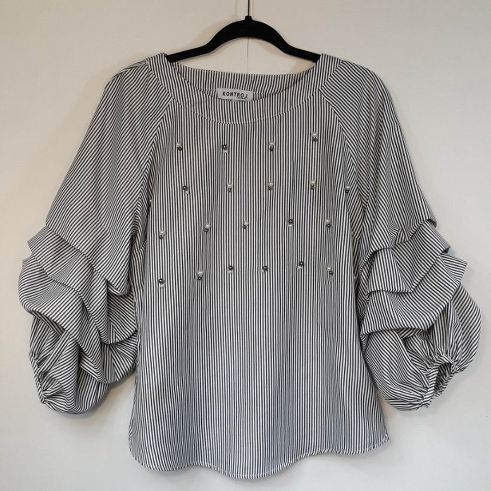 SOLD-Kontrol Blouse Women's Med GUC Puffy Sleeve Pearl Accents Stripes Top Shirt - Picture 3 of 8